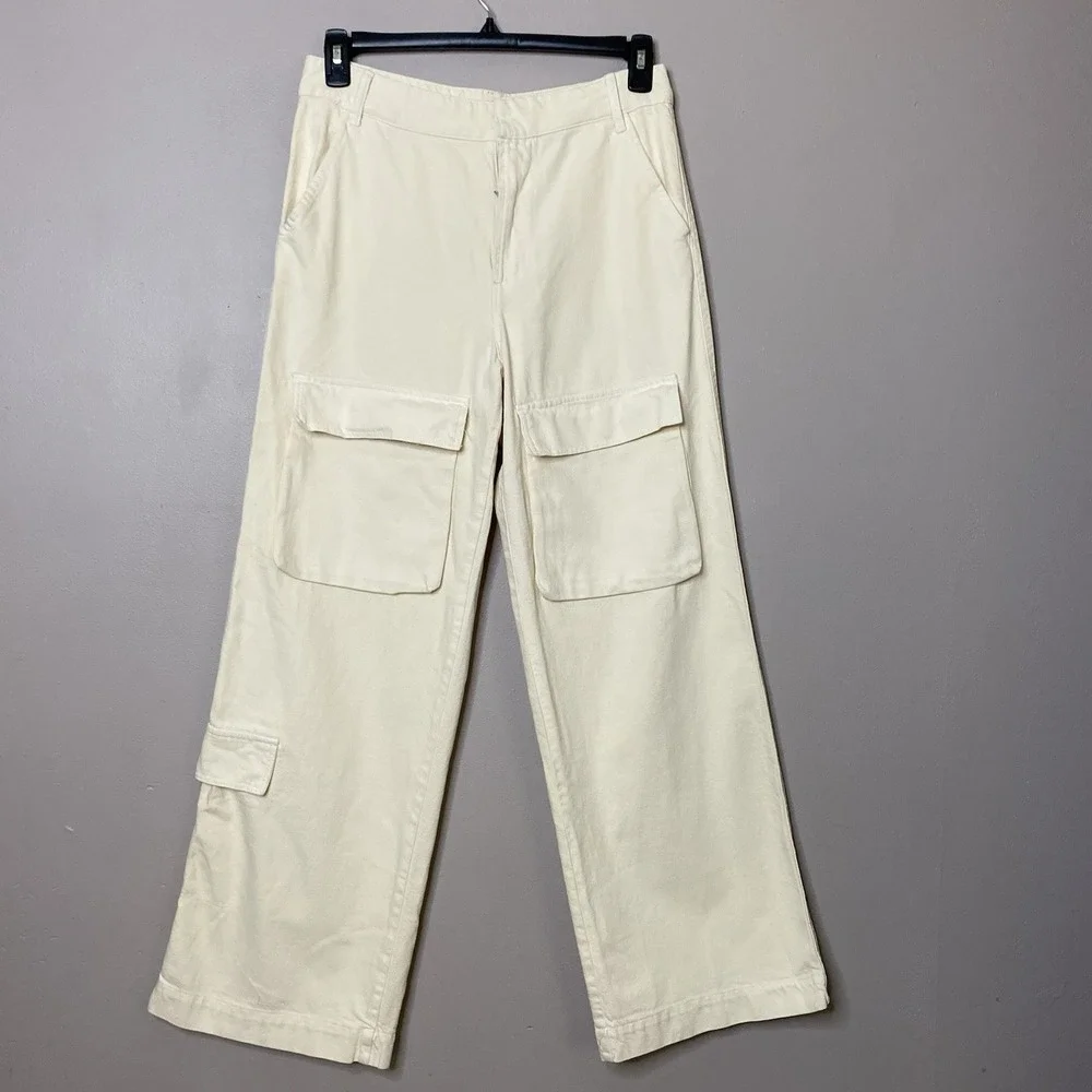 ZARA Women Jeans Sz S High Waisted Baggy Loose Fit Wide Leg Cargo Pants Beige - Picture 1 of 11